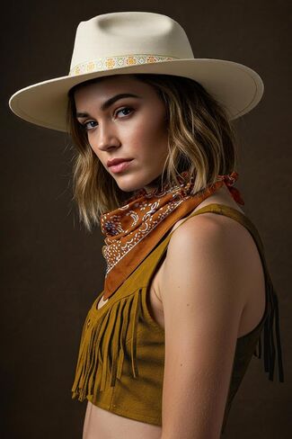 قبعة Brim Boho الغربية الواسعة للرجال - شعرت قبعة فيدورا مع حافة مسطحة مع حزام ، طراز رعاة البقر الغربي مع الفرقة in Kuwait