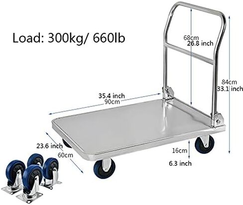Stainless Steel Heavy-Duty Flatbed Cart with Foldable Handle, Thickened Panel for Luggage, Tools & Appliances - High Capacity Transport Push Cart in Saudi Arabia