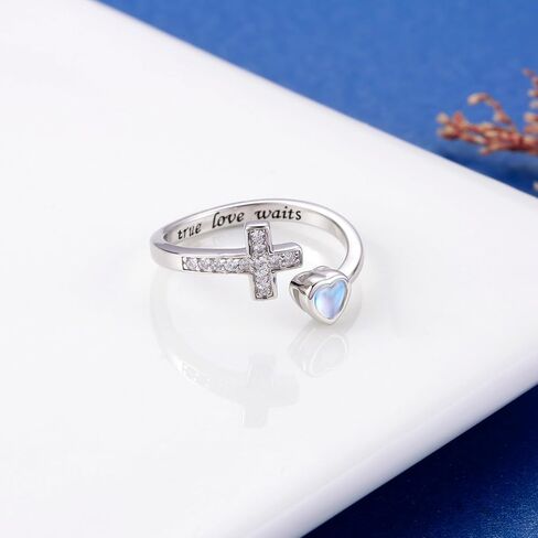 Mic Tai 925 Sterling Silver Cross Purity Ring - Christian Religious Adjustable Ring Jewelry Gifts for Women Girls (True Love Waits) in Kuwait