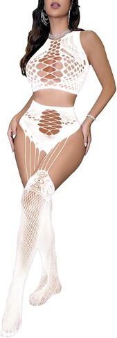Women's Exotic Lingerie Sets for Women Sexy Top Fishnet Thigh High Stockings Two Piece Set Sheer Tights in Kuwait
