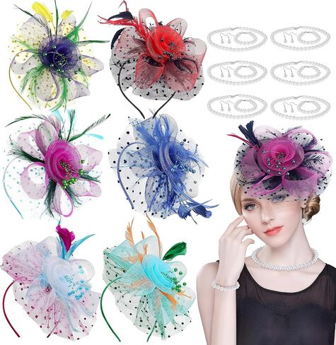 6pcs fascinators hats for tea party women girls flower feathers mesh hat و 6 مجموعة أسواق أقراط قلادة اللؤلؤ ، قبعات كنتاكي ديربي لزفاف كوكتيل حفل زفاف in Saudi Arabia