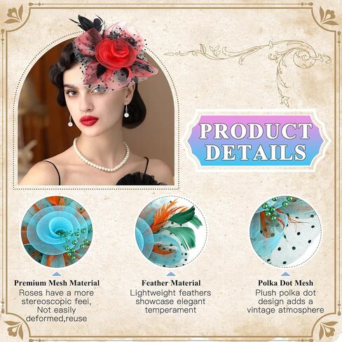 6pcs fascinators hats for tea party women girls flower feathers mesh hat و 6 مجموعة أسواق أقراط قلادة اللؤلؤ ، قبعات كنتاكي ديربي لزفاف كوكتيل حفل زفاف in Saudi Arabia