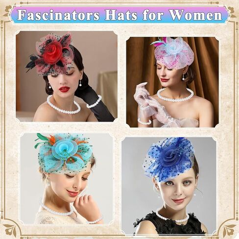 6pcs fascinators hats for tea party women girls flower feathers mesh hat و 6 مجموعة أسواق أقراط قلادة اللؤلؤ ، قبعات كنتاكي ديربي لزفاف كوكتيل حفل زفاف in Saudi Arabia