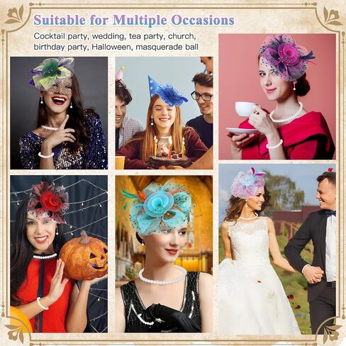 6pcs fascinators hats for tea party women girls flower feathers mesh hat و 6 مجموعة أسواق أقراط قلادة اللؤلؤ ، قبعات كنتاكي ديربي لزفاف كوكتيل حفل زفاف in Saudi Arabia