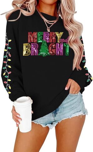 Dutut Christmas Sweatshirts Women: Sequin Merry Christmas Letter Print Sweater Sybroeded Striped Xmas Pullover Tops in Saudi Arabia