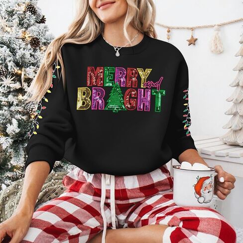 Dutut Christmas Sweatshirts Women: Sequin Merry Christmas Letter Print Sweater Sybroeded Striped Xmas Pullover Tops in Saudi Arabia