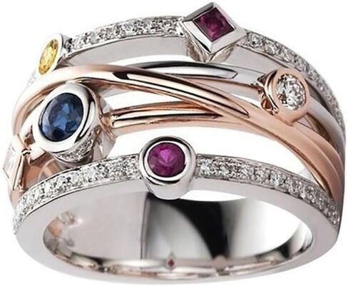 White Gold Plated Geometric Lines Two Color Cubic Zirconia Boho Style Statement Ring Personalized Accessory Ideal for Women's Daily Casual Wear Party Holiday Anniversary Love Jewelry Gift in Saudi Arabia