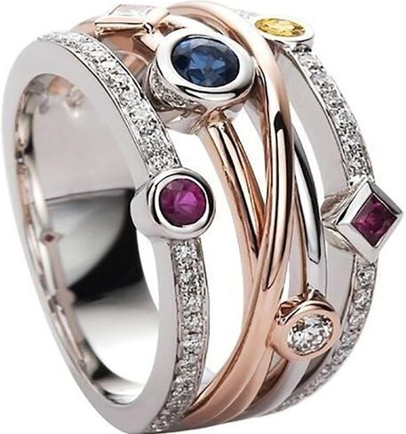 White Gold Plated Geometric Lines Two Color Cubic Zirconia Boho Style Statement Ring Personalized Accessory Ideal for Women's Daily Casual Wear Party Holiday Anniversary Love Jewelry Gift in Saudi Arabia