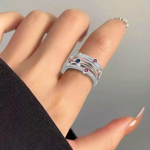 White Gold Plated Geometric Lines Two Color Cubic Zirconia Boho Style Statement Ring Personalized Accessory Ideal for Women's Daily Casual Wear Party Holiday Anniversary Love Jewelry Gift in Saudi Arabia