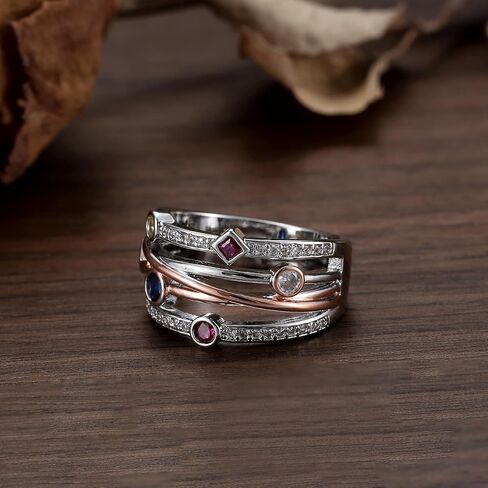White Gold Plated Geometric Lines Two Color Cubic Zirconia Boho Style Statement Ring Personalized Accessory Ideal for Women's Daily Casual Wear Party Holiday Anniversary Love Jewelry Gift in Saudi Arabia