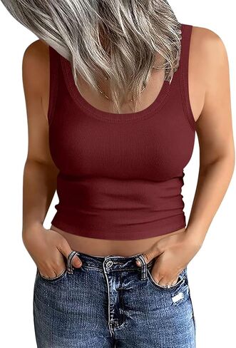 EADINVE قطع علوية نسائية مضلعة برقبة سكوب قطع علوية صيفية أساسية بدون أكمام بقصة ضيقة قطع علوية مقصوصة 2024 in Kuwait