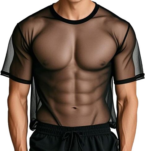 YINYOUYU Mens Mesh Shirt See Through Top Sexy Muscle Tee Lounge Short Sleeves Sheer Breathable T-Shirt Clubwear in Saudi Arabia