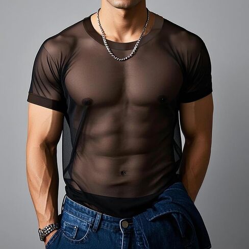 YINYOUYU Mens Mesh Shirt See Through Top Sexy Muscle Tee Lounge Short Sleeves Sheer Breathable T-Shirt Clubwear in Saudi Arabia