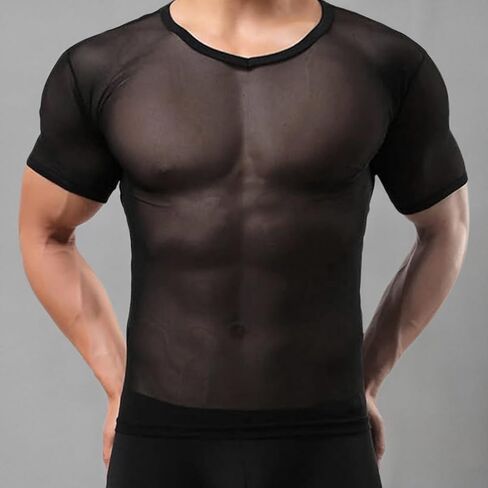 YINYOUYU Mens Mesh Shirt See Through Top Sexy Muscle Tee Lounge Short Sleeves Sheer Breathable T-Shirt Clubwear in Saudi Arabia