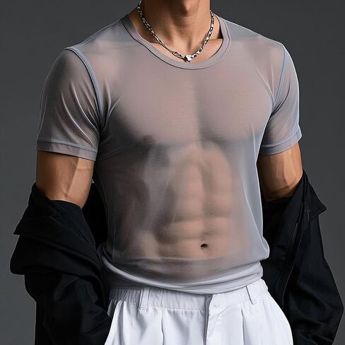 YINYOUYU Mens Mesh Shirt See Through Top Sexy Muscle Tee Lounge Short Sleeves Sheer Breathable T-Shirt Clubwear in Saudi Arabia