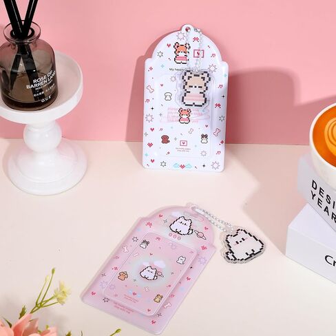 2 Pcs Photocard Holder with Cute Cat Keychain, Y2K Kawaii Photocard Holder Keychain Photo Card PU Leather ID Bus Card Case for Collecting Portable Accessories(Blue) in Saudi Arabia