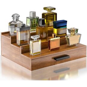 Walnut Wood Cologne Organizer for Men 3 Tier Cologne Stand,Wooden Cologne Holder Display Shelf with Hidden Compartment and Drawer,Perfume Organizer Great Gift for Men in Saudi Arabia