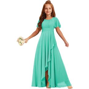 Junior Bridesmaid Dresses Short Sleeve Ruffle Flower Girl Dress for Wedding Guest Chiffon Girls Formal Dress with Slit in Kuwait