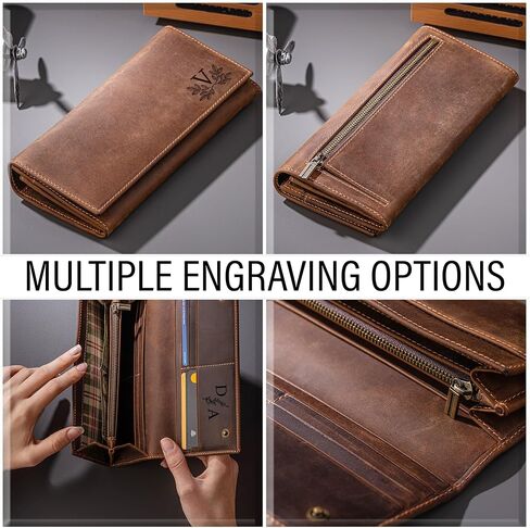Custom Leather Wallet for Women – Personalized Cowhide Long Wallet, Handmade Trifold Wallet with Card Slots, Stylish Gift for Her (Customizable, Red, 7.8x3.7") in Saudi Arabia