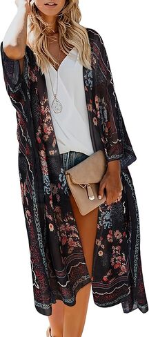 MayBuy Women's Summer Long Flowy Kimono Cardigans Boho Chiffon Beach Cover Up Tops in Kuwait