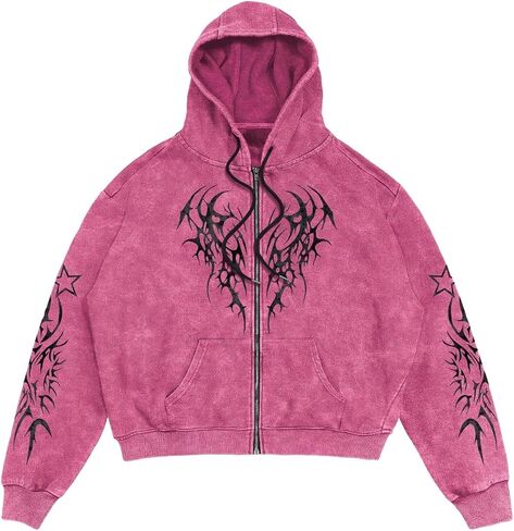 WDIRARA Men's Gothic Graphic Zip Up Hoodie Long Sleeve Hooded Sweatshirt Streetwear in Saudi Arabia