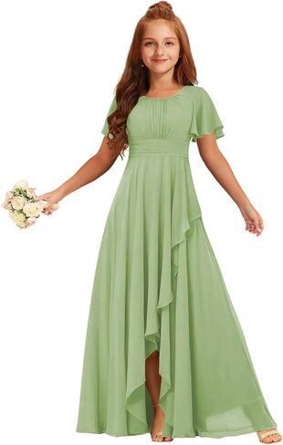 Junior Bridesmaid Dresses Short Sleeve Ruffle Flower Girl Dress for Wedding Guest Chiffon Girls Formal Dress with Slit in Saudi Arabia