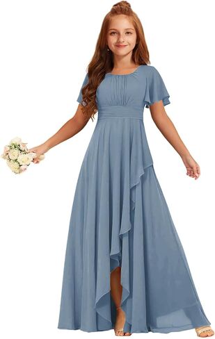 Junior Bridesmaid Dresses Short Sleeve Ruffle Flower Girl Dress for Wedding Guest Chiffon Girls Formal Dress with Slit in Saudi Arabia