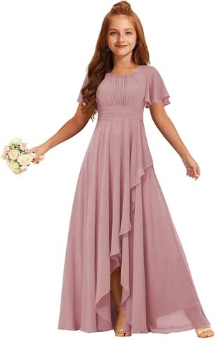 Junior Bridesmaid Dresses Short Sleeve Ruffle Flower Girl Dress for Wedding Guest Chiffon Girls Formal Dress with Slit in Saudi Arabia