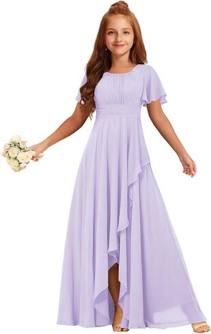 Junior Bridesmaid Dresses Short Sleeve Ruffle Flower Girl Dress for Wedding Guest Chiffon Girls Formal Dress with Slit in Saudi Arabia
