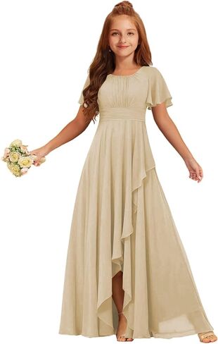 Junior Bridesmaid Dresses Short Sleeve Ruffle Flower Girl Dress for Wedding Guest Chiffon Girls Formal Dress with Slit in Saudi Arabia