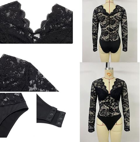 Women Long Sleeve Bodysuit V Neck Shapewear Body Lace One Piece Leotard Shirt Going Out Tops in Saudi Arabia