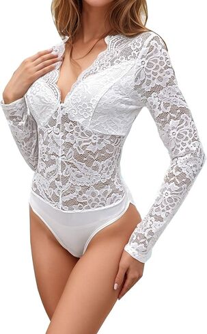 Women Long Sleeve Bodysuit V Neck Shapewear Body Lace One Piece Leotard Shirt Going Out Tops in Saudi Arabia