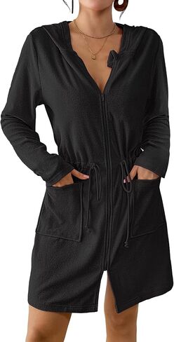 BSUBSEACH Terry Cove -Up - Women hed Up Long Sweeve Swimsuit Coverup Bathed Bath Bath Bath مع جيوب in Saudi Arabia