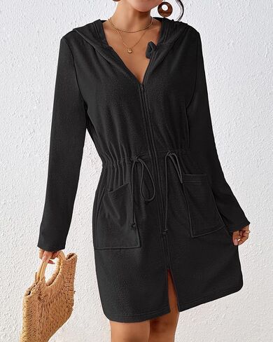 BSUBSEACH Terry Cove -Up - Women hed Up Long Sweeve Swimsuit Coverup Bathed Bath Bath Bath مع جيوب in Saudi Arabia