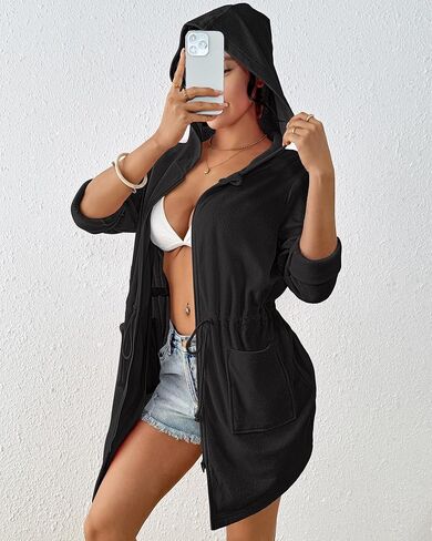 BSUBSEACH Terry Cove -Up - Women hed Up Long Sweeve Swimsuit Coverup Bathed Bath Bath Bath مع جيوب in Saudi Arabia