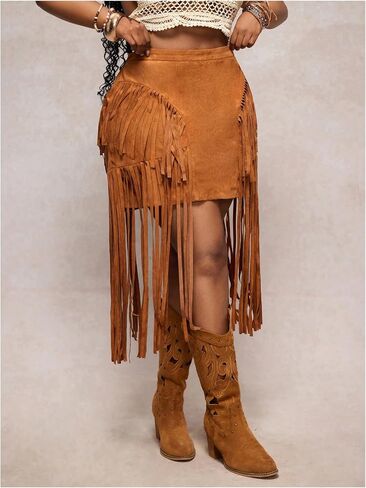 WDIRARA Women's Plus Size Faux Suede Fringe Skirt High Waisted Tassel Trim Western Cowgirl Skirts in Saudi Arabia