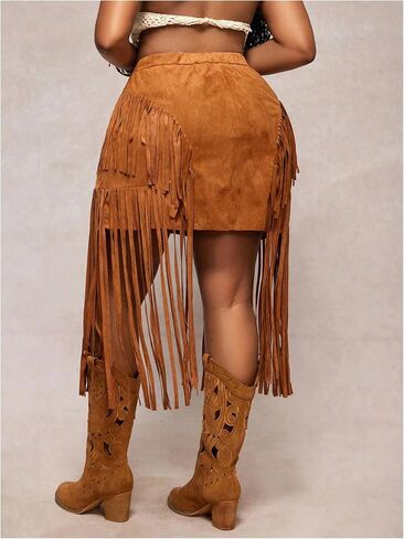 WDIRARA Women's Plus Size Faux Suede Fringe Skirt High Waisted Tassel Trim Western Cowgirl Skirts in Saudi Arabia