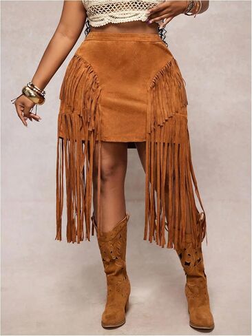 WDIRARA Women's Plus Size Faux Suede Fringe Skirt High Waisted Tassel Trim Western Cowgirl Skirts in Saudi Arabia