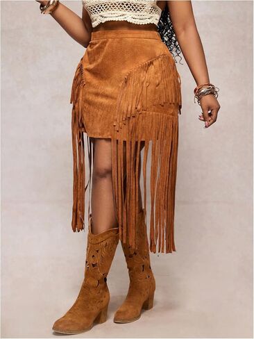 WDIRARA Women's Plus Size Faux Suede Fringe Skirt High Waisted Tassel Trim Western Cowgirl Skirts in Saudi Arabia
