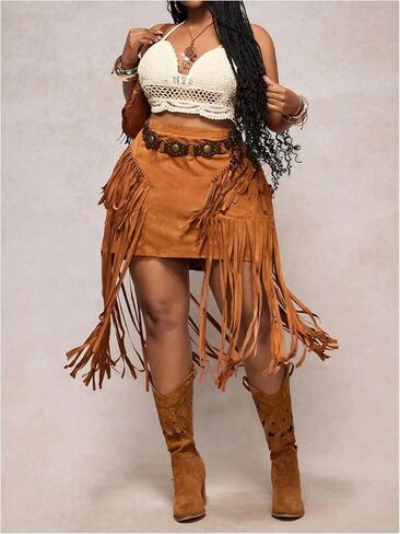 WDIRARA Women's Plus Size Faux Suede Fringe Skirt High Waisted Tassel Trim Western Cowgirl Skirts in Saudi Arabia