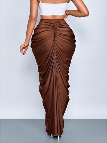WDIRARA Women's Ruched Bodycon Maxi Skirt Cocktail Party High Waisted Long Pencil Skirts in Saudi Arabia