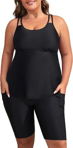 زائد الحجم tankini swimsuits - بدلات الاستحمام الرياضية من قطعتين مع اختصار للنساء ملابس السباحة مع جيوب in Kuwait