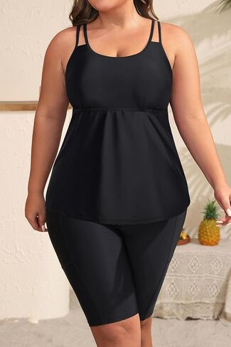 زائد الحجم tankini swimsuits - بدلات الاستحمام الرياضية من قطعتين مع اختصار للنساء ملابس السباحة مع جيوب in Kuwait