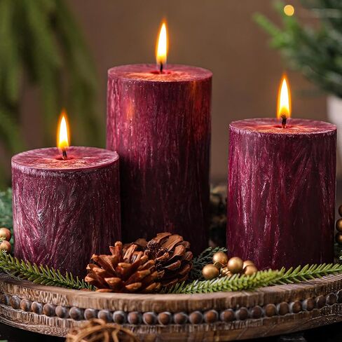 MTLEE 3 Pieces Fall Rustic Textured Unscented Pillar Candle Christmas Winter Decorative Dripless Pillar Candle Farmhouse Country Wedding Holiday Dinner Home Decor(Orange Brown) in Saudi Arabia