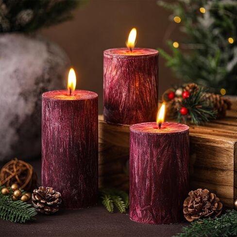 MTLEE 3 Pieces Fall Rustic Textured Unscented Pillar Candle Christmas Winter Decorative Dripless Pillar Candle Farmhouse Country Wedding Holiday Dinner Home Decor(Orange Brown) in Saudi Arabia