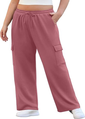OLRIK Womens Plus Size Wide Leg Cargo Sweatpants High Waisted Drawstring Lounge Pants with Pockets Baggy Strechy Joggers in Kuwait