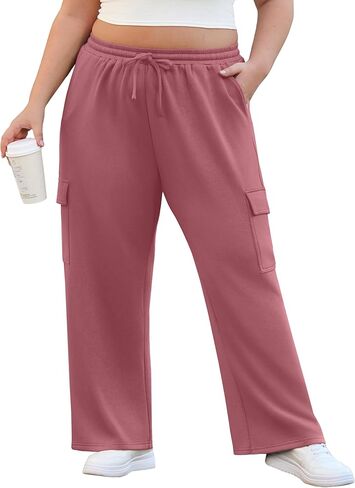 OLRIK Womens Plus Size Wide Leg Cargo Sweatpants High Waisted Drawstring Lounge Pants with Pockets Baggy Strechy Joggers in Kuwait