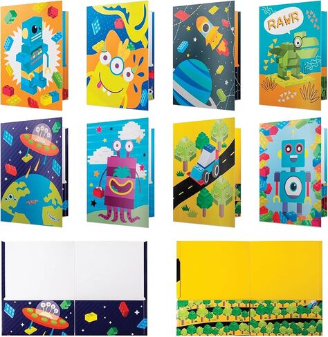 School Folders - 12 Cute Pocket Folders with 12 Unique Dinosaur Designs in Front, Back Cover and Inside - Kids Pocket Folders - Homework Folders - Dinosaur Folders - 12 x 9.25 Inches (Pack of 12) in Saudi Arabia