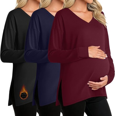 Huukaey 3 Pack Women's Warmal Gaternity Sleeve Stirts Fleece Fleece Cloy Side Side V Brick Tops Lough Clother (Red ، Blue ، Black ، XX-Large) in Saudi Arabia