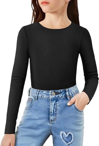 Arshiner Girls الأكمام الطويلة قمصان متماسكة ناعمة رفيعة النحافة تناسب طاقم الطبقات القاعدة غير الرسمية Tops Tees Tees in Saudi Arabia